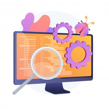 Bug fixing and software testing. Computer virus searching tool. Devops, web optimization, antivirus app. Magnifier, cogwheel and monitor design element. Vector isolated concept metaphor illustration